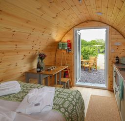 A wooden cabin interior with a bed, table with wine and glasses, kitchenette, and an open door leading outside at Moel Arthur in Bryniau Clwyd near Denbigh