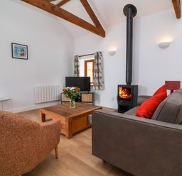 A living room with a wood stove a brown sofa a red cushion an armchair and a wooden coffee table at Woodland Roost in Parkham near Bideford