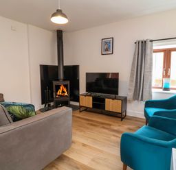A living room with a fireplace tv sofa and two blue armchairs at Ladybird Rest in Parkham near Bideford