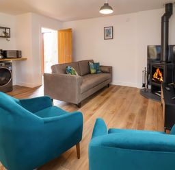 A living room with two blue armchairs a grey sofa a wood burning stove and a television at Ladybird Rest in Parkham near Bideford