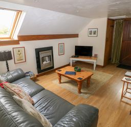 A living room with a grey leather sofa wooden coffee table television and wooden door at The Loft in Pontfaen near Fishguard