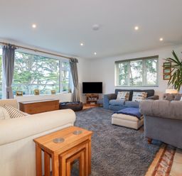 A living room with sofas a television and large windows showing trees at Surf Break in Polzeath