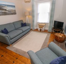 A living room with sofas a floor lamp a television on a stand a basket of firewood and a painting of a boat at Orielton Cottage in Dinas Cross