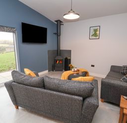 A living room with two grey sofas a wood stove and a wall mounted television at Elliwi in Bontuchel near Ruthin