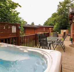 An outdoor deck area with a hot tub and a glass table with chairs next to a wooden cabin at Templar Rise 16 - Devon Comfort in Finlakes Holiday Park near Chudleigh