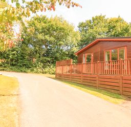 A wooden cabin with a fenced porch next to a paved road surrounded by trees at Deer Park 9 - Copse Corner Finlakes Holiday Park near Chudleigh