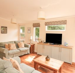A living room with two sofas a television on a cabinet and a wooden coffee table at Deer Park 9 - Copse Corner Finlakes Holiday Park near Chudleigh