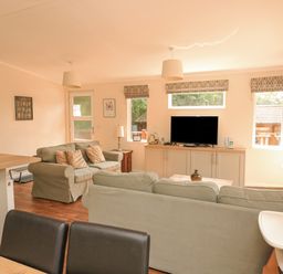 A living room with sofas a television and windows at Deer Park 9 - Copse Corner in Finlakes Holiday Park near Chudleigh