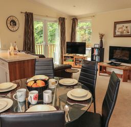 A dining area with a glass table set with plates and mugs and a living room with a tv and fireplace at The Brambles 17 - Conkers Lodge Finlakes Holiday Park near Chudleigh
