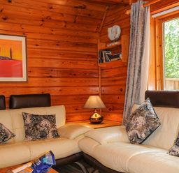 A wooden lounge room with cream leather sofas with floral cushions a lamp on a corner table and a window with a view of trees at Lodge 32 - Cowslip Finlakes Holiday Park near Chudleigh