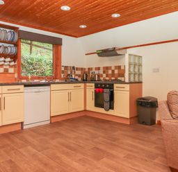 A kitchen with cream cabinets appliances and a window next to a brown sofa at Lodge 45 - Lazy Bear in Finlakes Holiday Park near Chudleigh