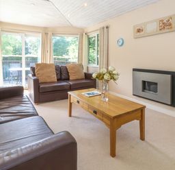 A living room with two brown leather sofas a wooden coffee table with flowers a wall mounted fireplace and large windows at Lodge 7 At Pound Farm Crook near Kendal