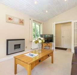 A living room with wooden coffee table and vase with flowers a brown sofa a wall-mounted fireplace and a TV on a side table at Lodge 7 At Pound Farm in Crook near Kendal