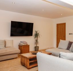 A living room with a television and sofa at Lower Moorwood in Moorwood near Bovey Tracey
