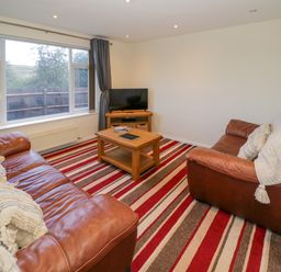 A living room with two brown leather sofas a wooden coffee table a television and a striped red carpet at Fenny Marina Cottage in Fenny Bentley