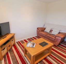 A living room with a leather sofa a wooden coffee table a wooden TV stand with a television and a striped carpet at Fenny Marina Cottage in Fenny Bentley