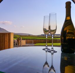 A glass table with two empty wine glasses and a bottle with an outdoor view of fields and hills at Heron in Ingleton