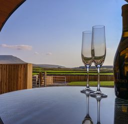 A table with two empty champagne glasses and a bottle with a countryside view through an arched window at Wren in Ingleton