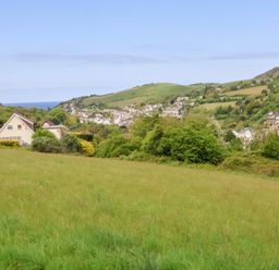 A grassy field with bushes and houses in the background with hills and a distant view of the sea at 26 Manleigh Park in Combe Martin