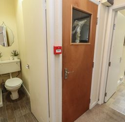 A toilet with a mirror and plants above the cistern near a wooden door and an open door showing a dining area at Belmont House Bowness-On-Windermere