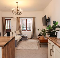 An open living room and kitchen area with a sofa coffee table plants and a wall-mounted TV at Hole in the Wall in Caernarfon