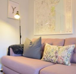 A pink sofa with a grey pillow and a floral pillow next to a floor lamp and framed map on the wall at Caines Cottage in Westleton