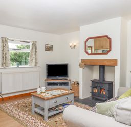 A living room with a fireplace television coffee table and a couch at Dove Cottage in Queens Nympton near South Molton