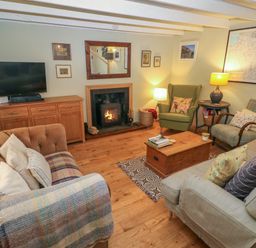 A living room with sofas a wood stove a TV and armchairs at 2 Summerhill in Letterston