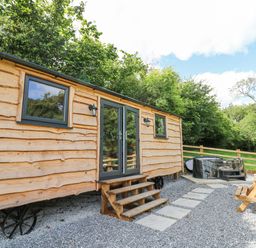A wooden hut on wheels with steps leading to double doors a picnic table and a hot tub outside surrounded by trees at Shepherd's Cwtch in Cilycwm near Llandovery