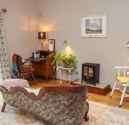 A sitting room with vintage sofa a wooden desk two chairs a small electric fireplace and a plant at Pink Granite Garden of Ireland near Tinahely County Wicklow