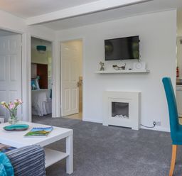 A living room with a white coffee table, a gray armchair, a wall-mounted television above a small fireplace and a blue chair at a wooden dining table at Florences Nest in Dartmouth