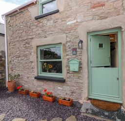 An entrance with a green door and flower pots at 2 Strand Cottages in Laugharne