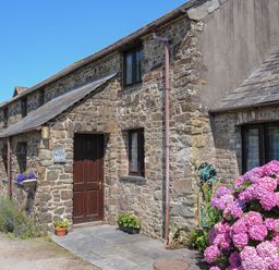 A stone cottage with a wooden door and pink flowers outside at West Lee in Bude