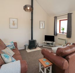 A living room with two brown sofas a wood stove a small tv on a white stand and a window with curtains at Curlew Cottage near Filey