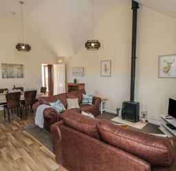A living room with brown sofas a wood stove a dining table and chairs and a television at Curlew Cottage near Filey