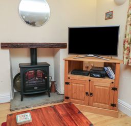 A living room with a fireplace and TV unit at Bridge Cottage Budleigh Salterton