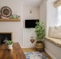 A living room with a shelf, television, plant, and table at 6 Bedford Place in Bridport