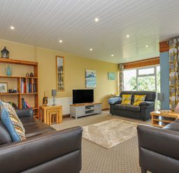A living room with a sofa and bookshelf at 37 Tamar in St Ann's Chapel near Callington