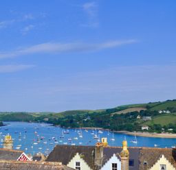 A coastal view with boats on water and houses with chimneys in the foreground at Leylands in Salcombe