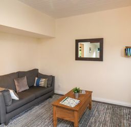 A living room with a gray sofa pillows a wooden coffee table with a plant a wall mirror and a small bookshelf at Ramson in Saltburn-By-The-Sea