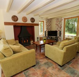 A living room with sofas and a fireplace at Bryn Isaf in Swyddffynnon near Pontrhydfendigaid