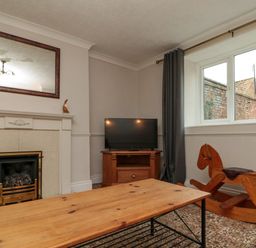A living room with a fireplace TV on wooden stand wooden rocking horse and wooden coffee table at Bellmanear Farm Cottage North Grimston near Malton