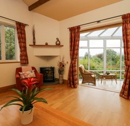 A living room with red curtains a red armchair a small fireplace a plant on a wooden table and a wicker chair by windows at Blue Hill House in Ambleside