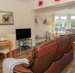 A living room with brown leather sofas a dining table with cream chairs a television and large windows at Trem-Yr-Afon in Aberaeron
