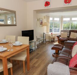 A living and dining area with a wooden dining table set with dishes and glasses a brown leather sofa set a television on a glass stand and windows showing an outdoor view at Trem-Yr-Afon in Aberaeron