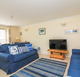 A living room with blue sofas a striped rug a television on a wooden stand and a dining table near the window at 8 Dartmouth House in Dartmouth