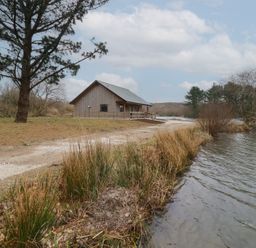 A wooden cabin near a dirt path and a body of water with trees in the background at Kingfisher Lodge in Treverbyn near St Austell