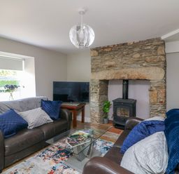 A living room with two leather sofas a glass coffee table a stone fireplace and a television at An Teach Ban in Bunclody County Wexford