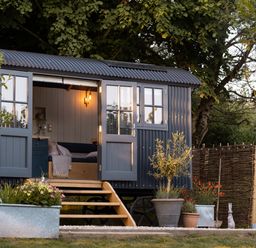 A small cabin with open double doors showing a seating area inside surrounded by plants and trees at Moonshine St Erme near Truro