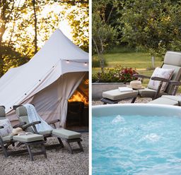 Outdoor scene with two cushioned lounge chairs next to a white tent and a bubbling hot tub at Moonshine in St Erme near Truro
